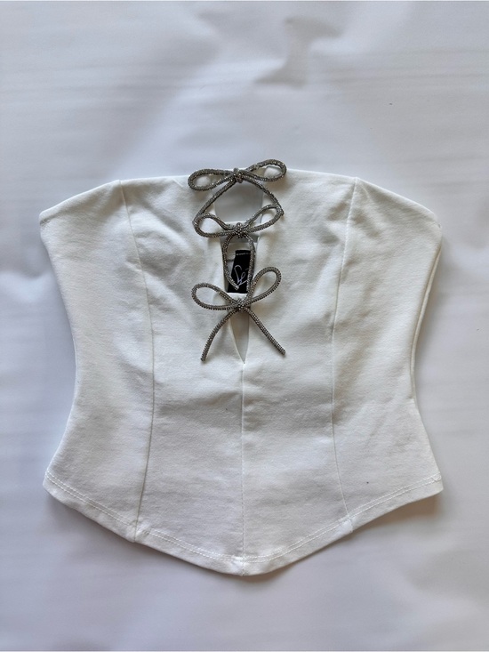 Windsor Tops - Windsor White Strapless Corset Bodysuit with Rhinestone Tie
